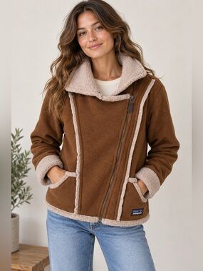 Patagonia Women’s Large Brown Synchilla Fleece Sherpa Moto Jacket Full Zip